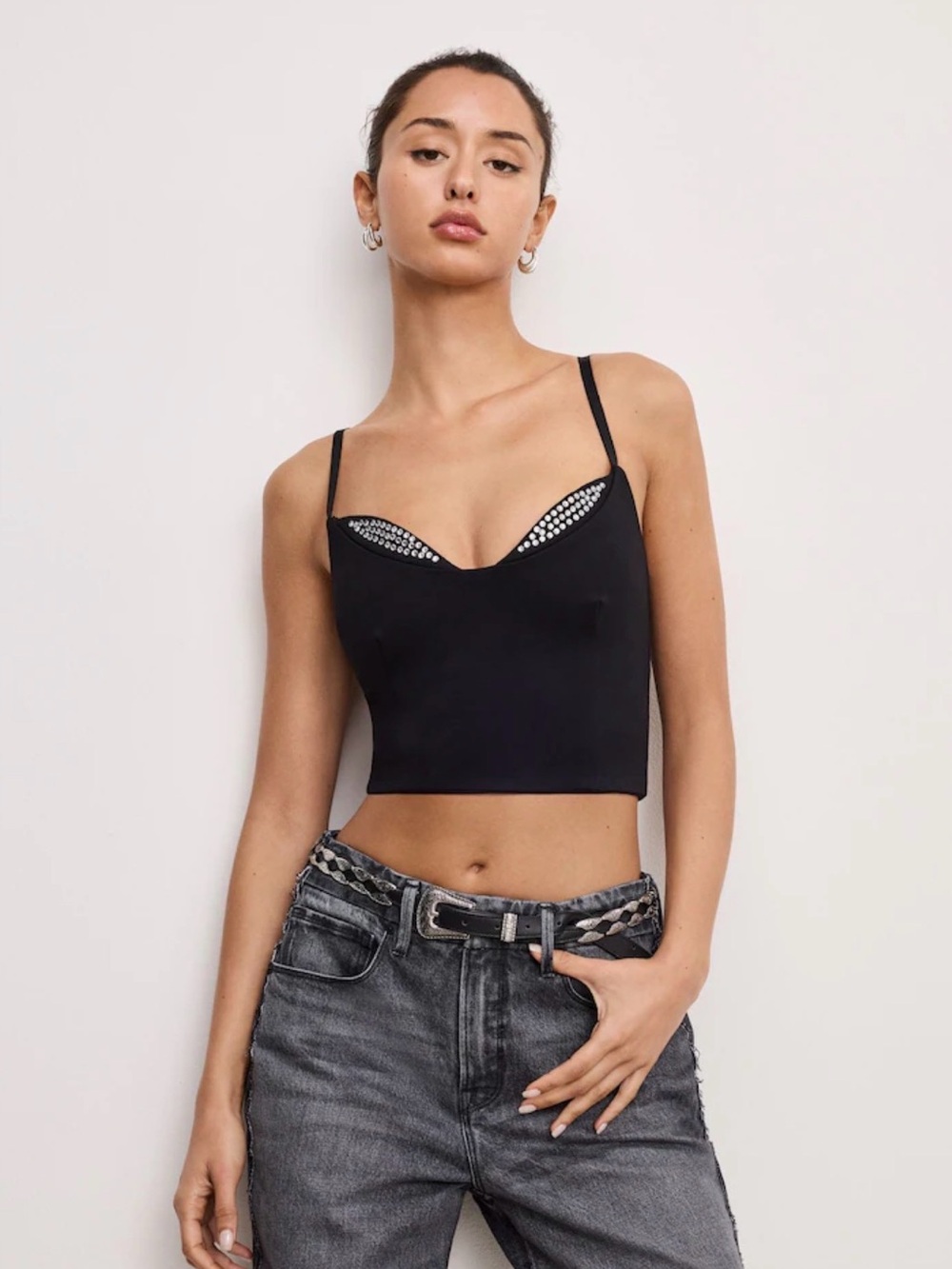Good American black crystal-trim woven bralette top